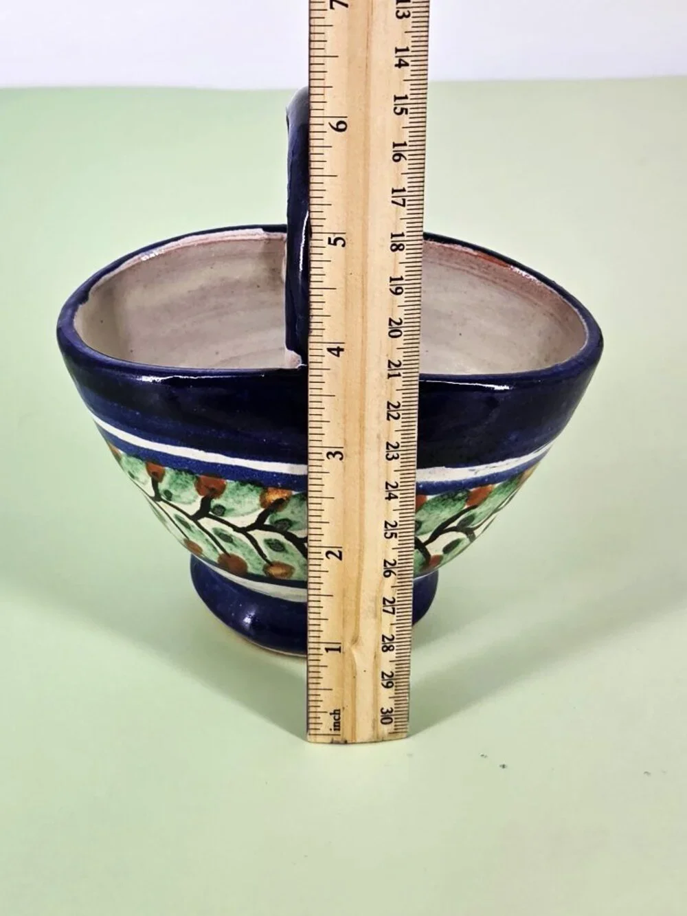 1990s Handmade Mexican Pottery Mini Handled Basket Succulent Planter Leaf Design